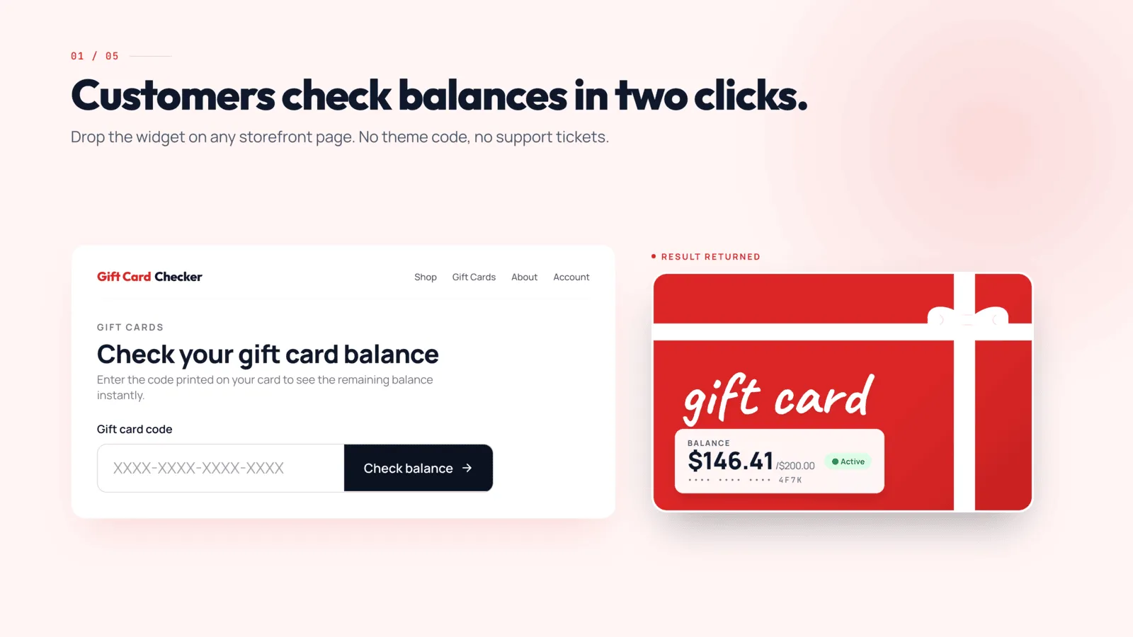 Customers check a gift card balance in two clicks