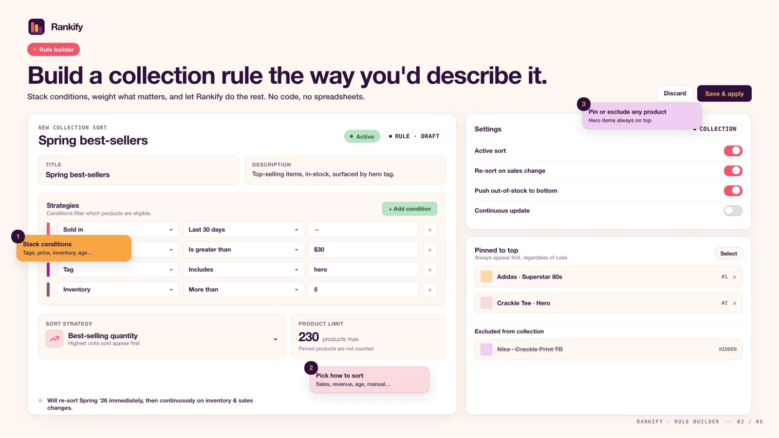 Rankify collection rule sorting by best-selling quantity, with stock and tag conditions