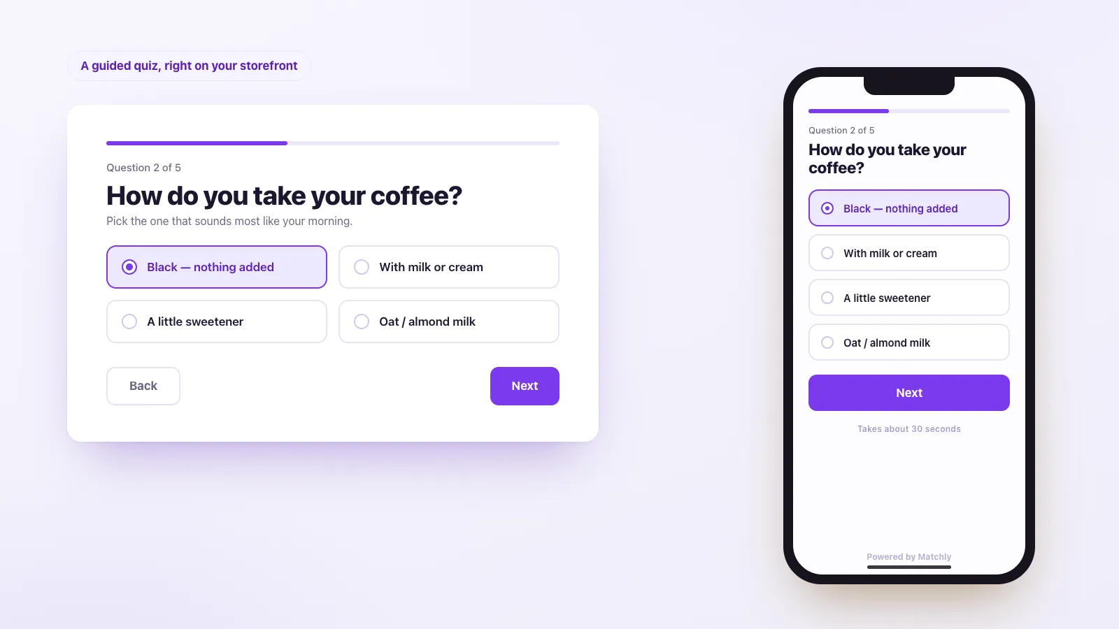Matchly quiz asking how you take your coffee, on desktop and on a phone