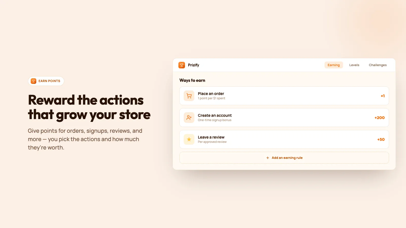 Ways to earn points for orders, signups, and other actions