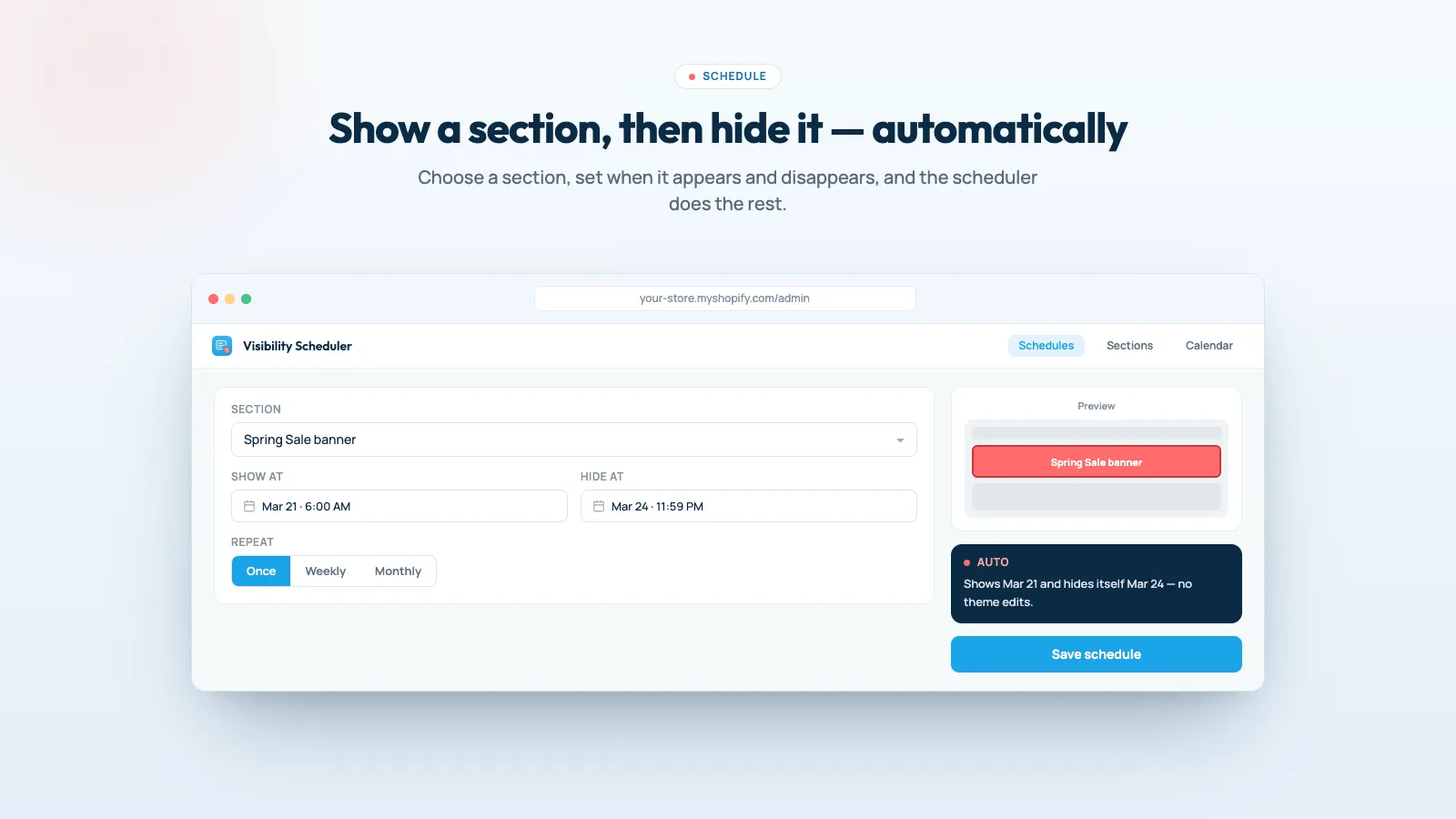 Show a section, then hide it automatically